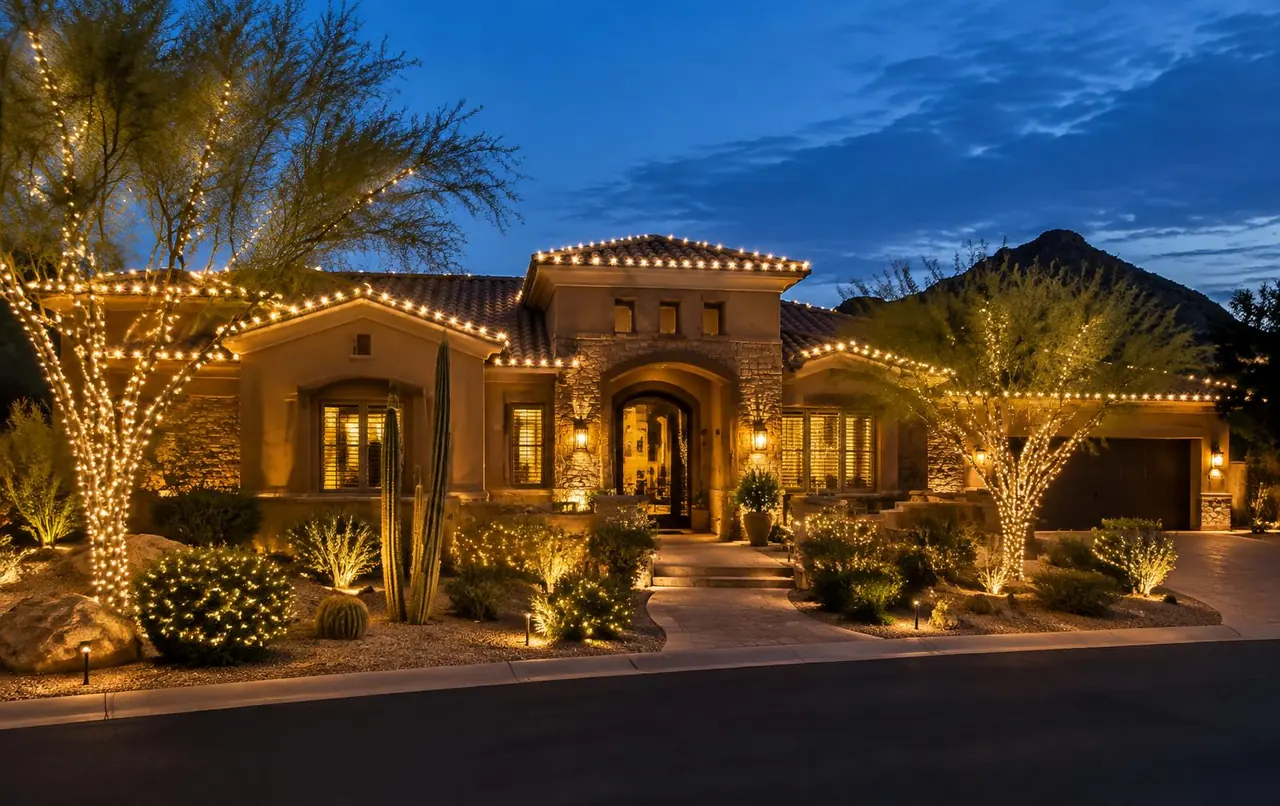 Warm white Christmas lights installed on a Scottsdale home
