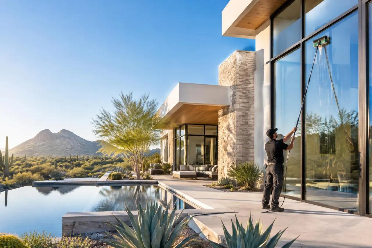 Trident professional cleaning windows at a Scottsdale home